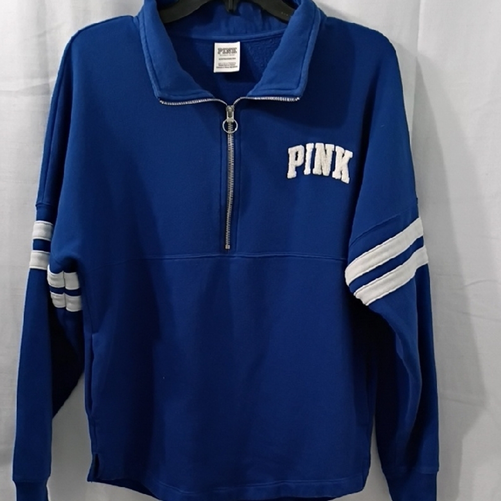 PINK Victoria's Secret Pink Blue Fleece Quarter-Zip Sweater Size XS - Picture 2 of 9